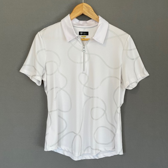 GREG NORMAN Women's Size Med Play Dri Short Sleeve Golf Shirt White/Silver Chain - Picture 1 of 4